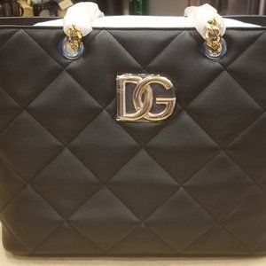 DOLCE & GABBANA DG ITALY BLACK GOLD QUILTED LEATHER SHOULDER SHOPPER BAG TOTE
